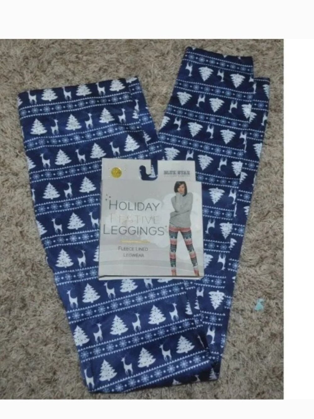 Christmas Leggings Jr L/XL Blue Fleece Lined Elastic Waist Pants Teen Girls